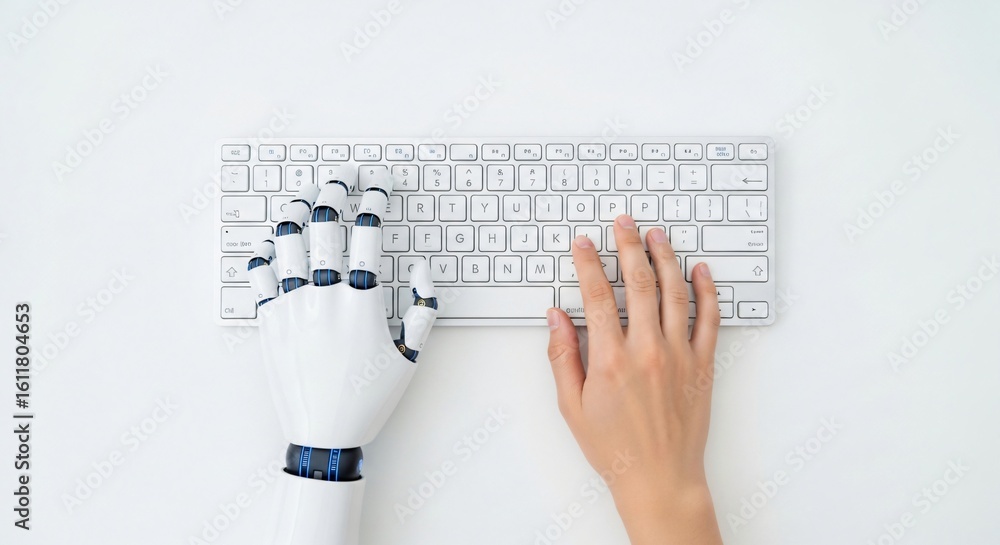 Wall mural human and robot collaborate on keyboard, symbolizing future of work and technology integration
