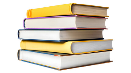 Stack of hardback books in various colors.  The books are different shades of yellow, purple, blue, and gray.  They are neatly arranged in a stack