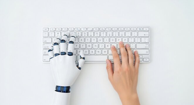 Human and robot collaborate on keyboard, symbolizing future of work and technology integration