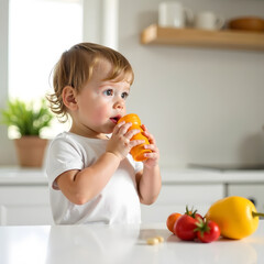 Adorable toddler holding a yellow bell pepper in a white modern kitchen, photo style, bright and clean background, concept of healthy eating