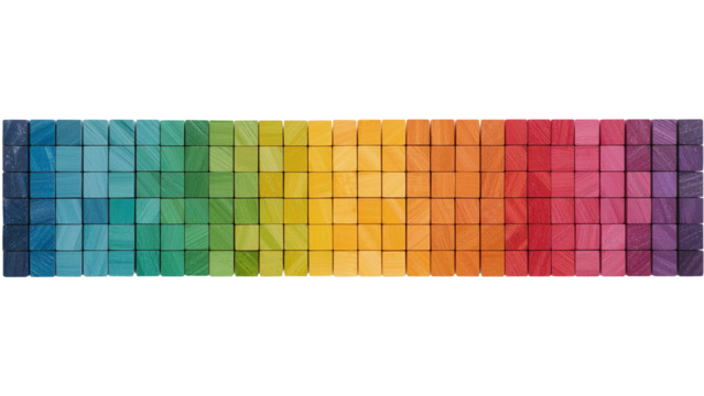 Vibrant Spectrum of Wooden Cubes, A Colorful Array on Isolated Transparent Field Displaying Full