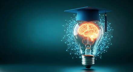 Unlock brilliant ideas with a graduation cap atop a glowing brain-filled light bulb, symbolizing knowledge and innovation