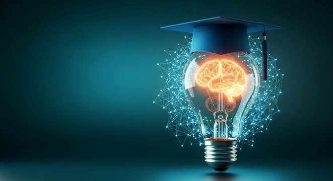 Unlock brilliant ideas with a graduation cap atop a glowing brain-filled light bulb, symbolizing knowledge and innovation