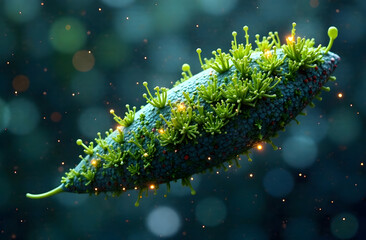 Close-up of a green spiky microorganism floating in a glowing environment, detailed texture, on a blue bokeh background, concept of biology