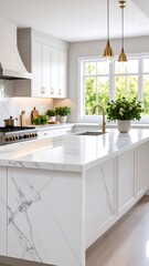 Fototapeta premium Modern white kitchen with marble island (2)