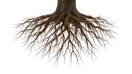 Detailed tree roots against a void backdrop, a symbol of nature's tenacity and interconnectedness,