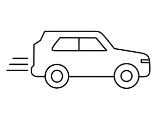 Naklejka premium Simple line drawing of a car moving quickly, indicated by motion lines behind it.