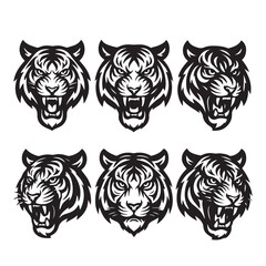 Fototapeta premium Tiger Head Icon Set – Wild Animal Vector Silhouettes and Emblems