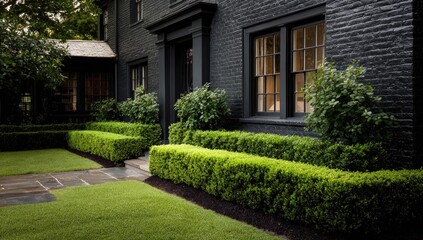 Black brick house with manicured lawn and hedges