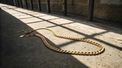 A gold chain necklace lying on a concrete surface with shadows cast upon it nearby