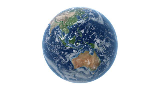 Earth globe isolated against a transparent expanse, showcasing continents and swirling oceanic