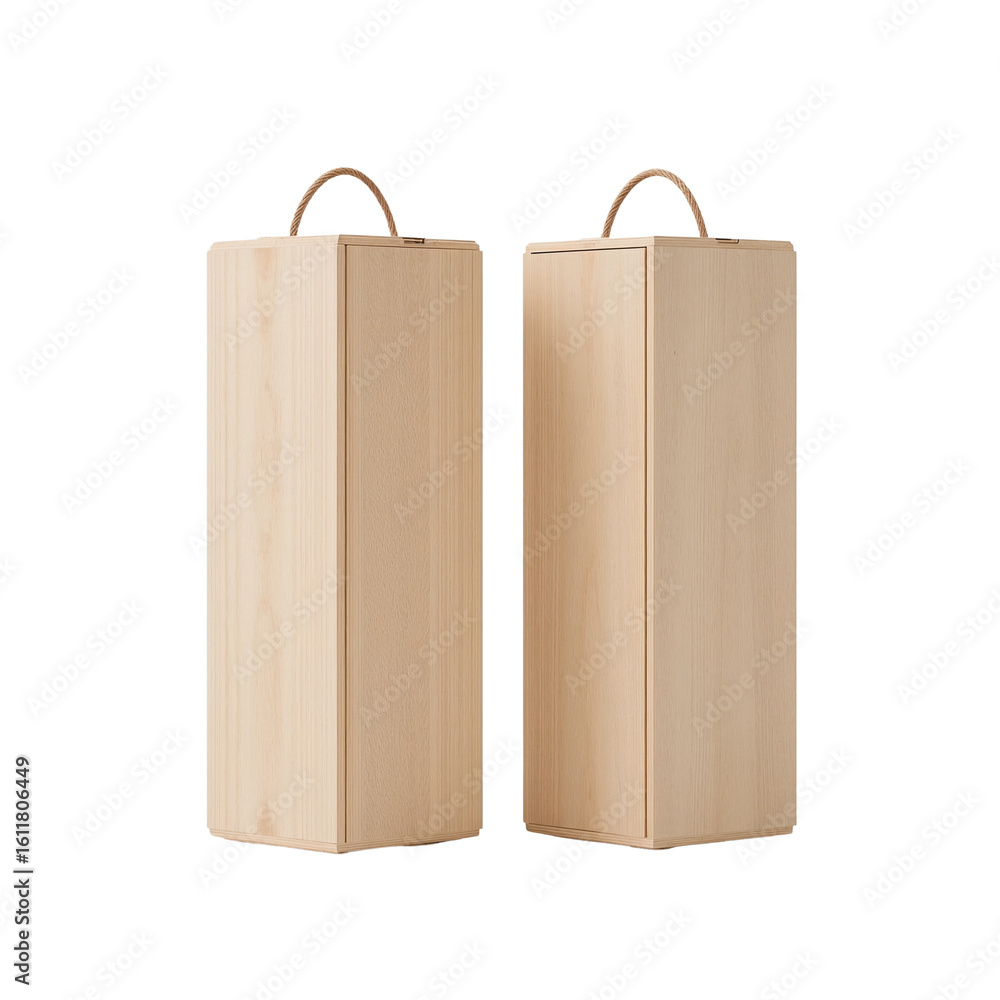 Poster minimalist presentation featuring twin wooden boxes with rope handles on a stark canvas backdrop