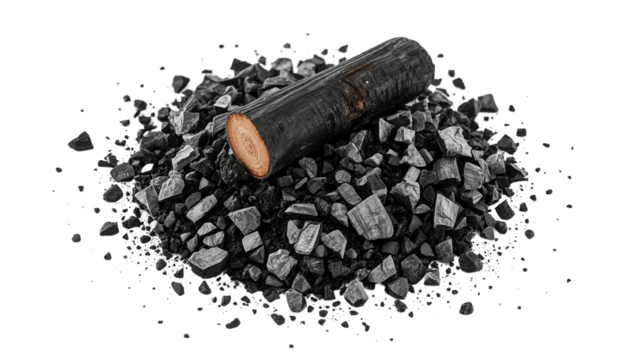 Isolated studio shot featuring an arrangement of charcoal pieces and a charred log element