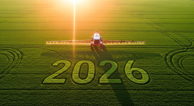 Advanced sprayer cultivates year 2026 in lush green field under warm sun, symbolizing agricultural progress and future growth