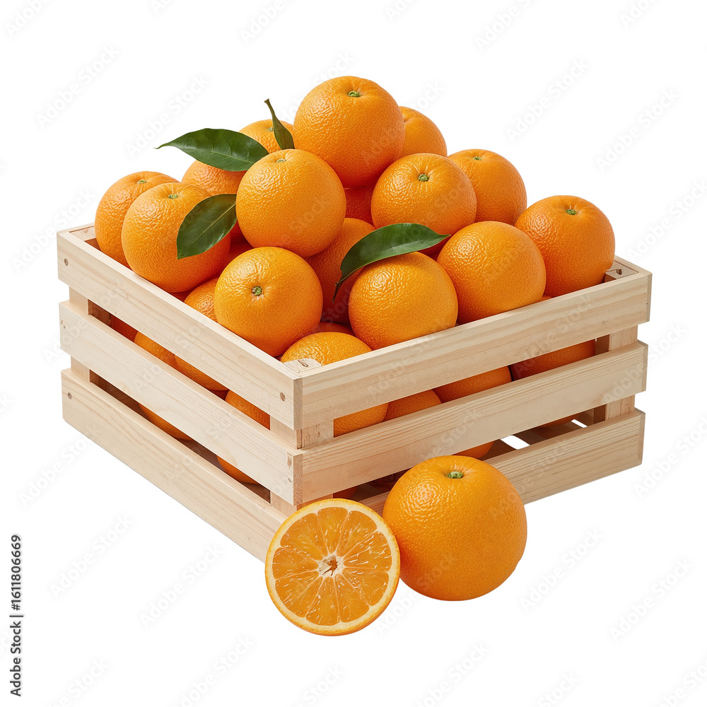 Poster fresh oranges in a rustic wooden crate against a stark isolated transparent setting providing a