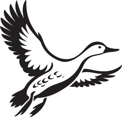 Duck in flight silhouette black and white, Water bird vector in flight