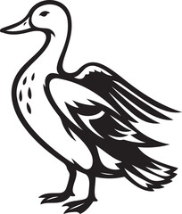 Duck silhouette with detailed wings black and white, Flying duck illustration vector style