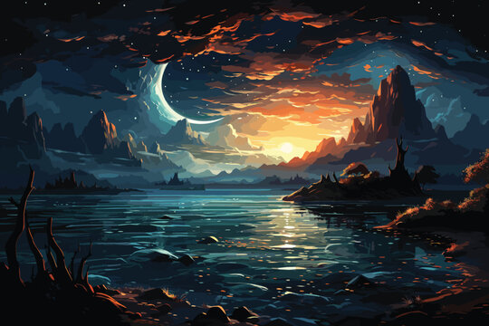 A colossal orange planet dominates the sky above a winding river flowing through an alien landscape. vector and illustration 