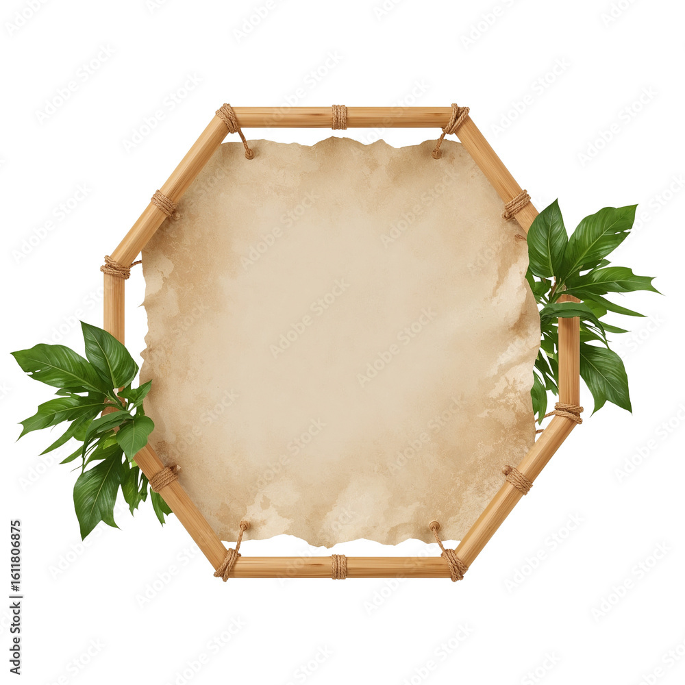 Poster rustic bamboo frame with parchment and verdant foliage creating an organic display space
