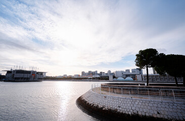 A scenic view of a waterfront with a curved stone promenade, trees, and modern buildings in the...