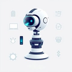 3D illustration of a cute futuristic robot with a modern design and advanced technology. The robot is surrounded by digital icons such as documents, connectivity,