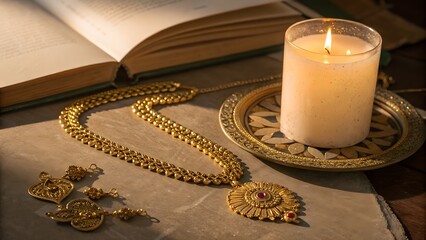 A still life featuring golden jewelry, an open book, and a lit candle on a tray