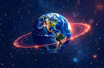 Earth with glowing Saturn-like ring in deep space with stars background.