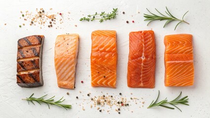 5 different type of salmon meat and herb top view with white background
