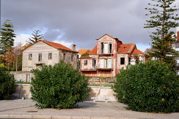 Abandoned Rustic Houses Amidst Overgrowing Vegetation Under Dramatic Cloudy Sky