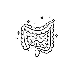 Healthy intestine probiotics icon, minimal black line, digestive system, human gut stylized, surrounded by sparkles, simple cartoon anatomy, white background, flat modern medical illustration