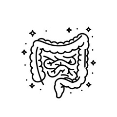 Healthy intestine probiotics icon, minimal black line, digestive system, human gut stylized, surrounded by sparkles, simple cartoon anatomy, white background, flat modern medical illustration