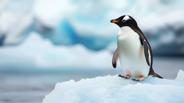 Lonely emperor penguin standing on floating ice sheet in cold antarctic waters under clear sky, peaceful wildlife scene depicting climate and habitat