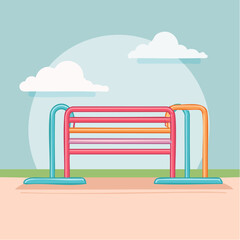 A colorful childrens climbing frame with red orange and turquoise tubular metal bars designed for outdoor play.