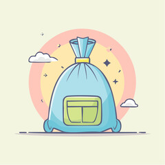 A cute light blue cartoon sack tied at the top with a yellow band and featuring a simple green label on its front.