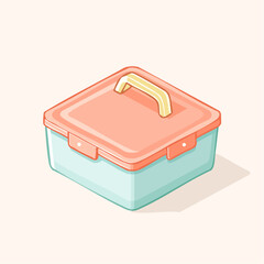 Pastel plastic storage box with a pink lid light blue base and yellow carrying handle.