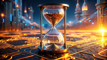 An hourglass on a circuit board in a futuristic digital city