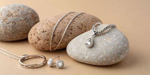 Still life of silver jewelry including necklaces earrings and a ring on stones
