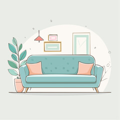 Cozy modern living room illustration featuring a teal sofa with pink pillows a potted plant and minimalist wall art.