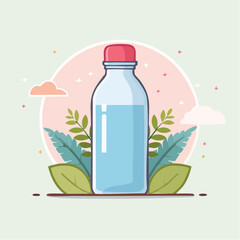 Stylized illustration of a clear water bottle with a red cap nestled among natural green leaves.