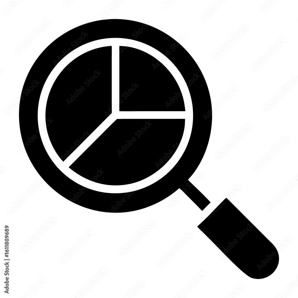 Poster vector magnifying glass over a pie chart with three sections shown on transparent background