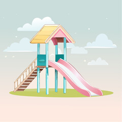 Colorful cartoon playground slide with a yellow roof blue posts and wooden stairs.