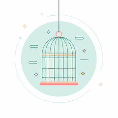 Hanging empty birdcage with a domed top green wire bars and pink base in a flat minimalist line art style.