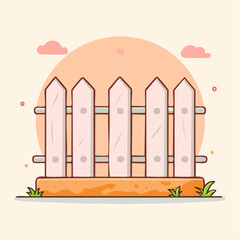 Charming cartoon white picket fence with pointed posts and horizontal rails on grassy ground.