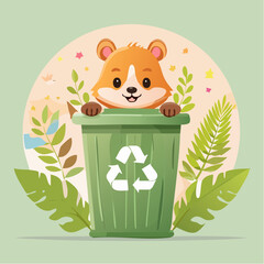 A cute cartoon animal with white fur and brown paws peeking happily from a green recycling bin.