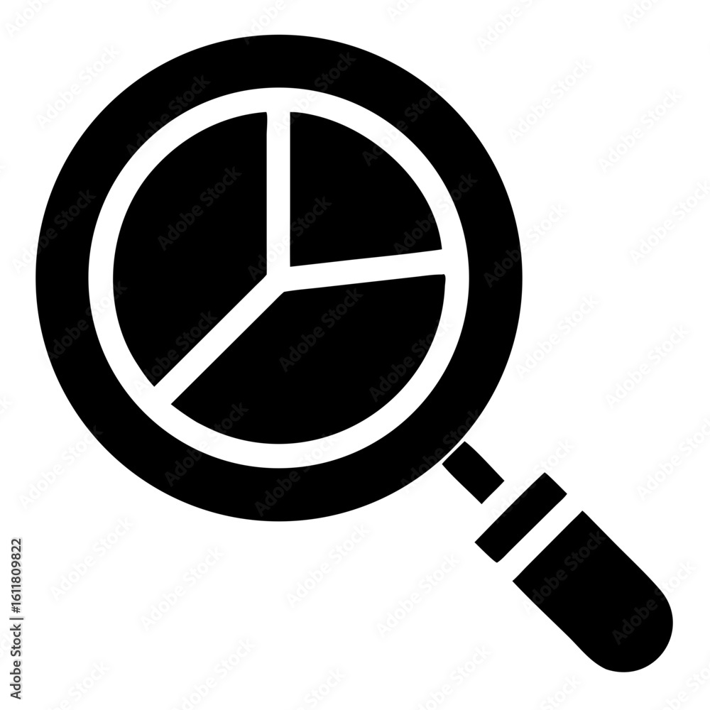 Poster vector pie chart analysis with magnifying glass in black and white on transparent background