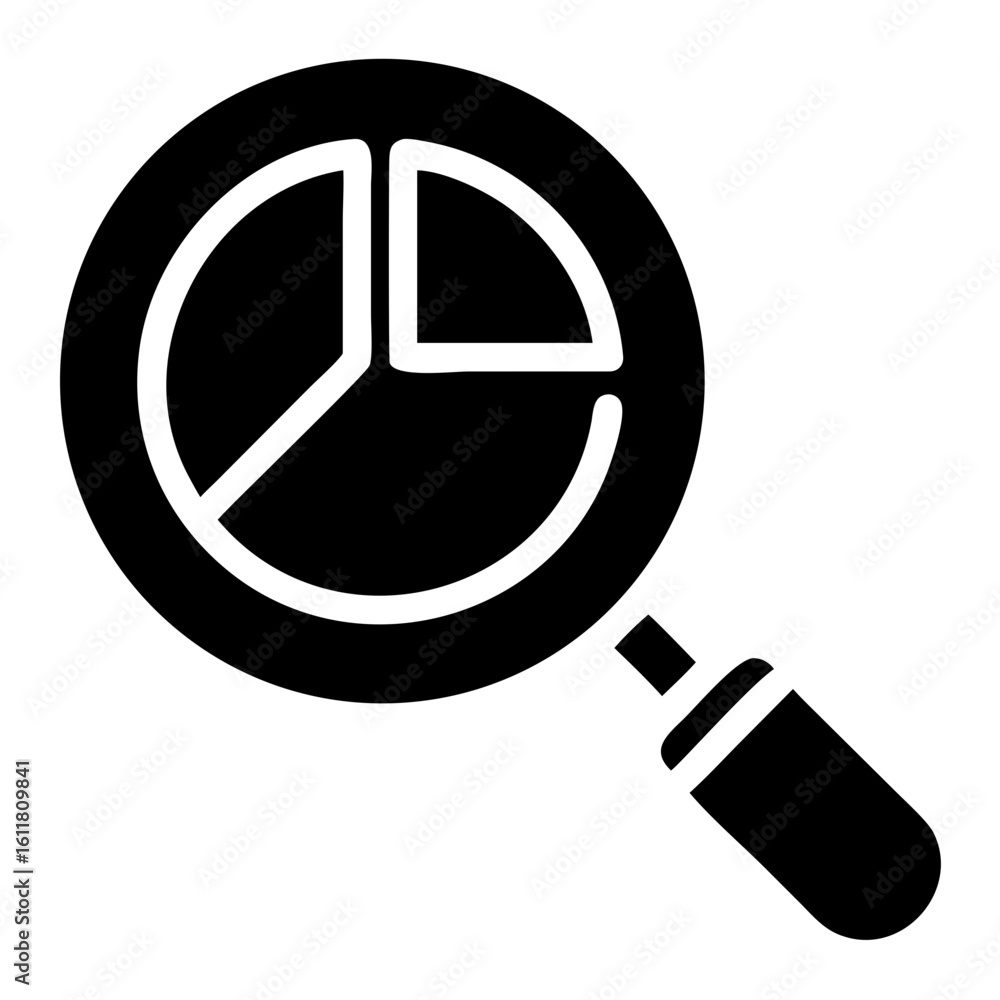 Poster vector magnifying glass focusing on a pie chart with three slices on transparent background