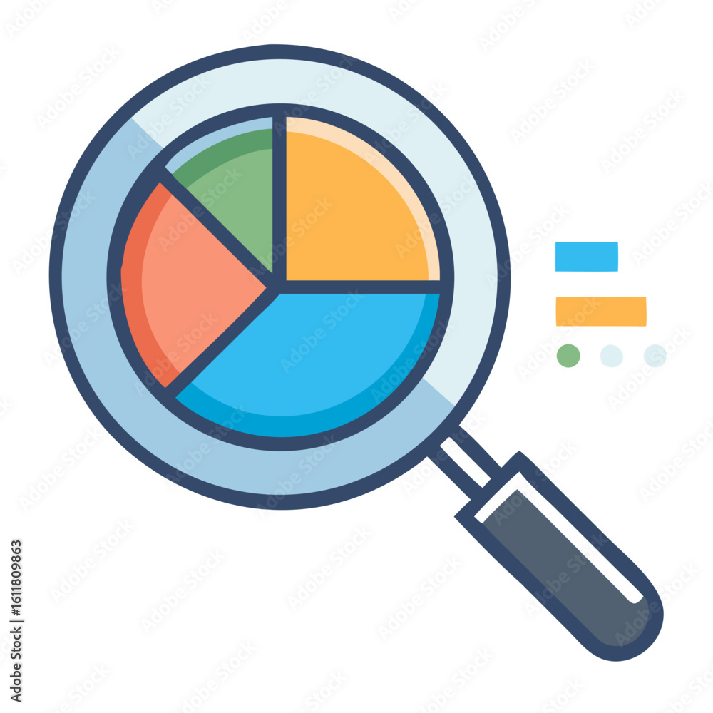 Poster vector magnifying glass focusing on a colorful pie chart analysis on transparent background