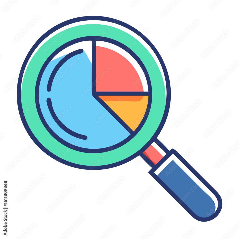 Poster vector magnifying glass focusing on a pie chart analysis graphic on transparent background