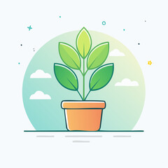 Simple line art illustration of a young green plant in a white pot a symbol of growth.