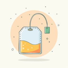 A cute cartoon teabag illustration with steeping yellow tea a white string and a green tag.